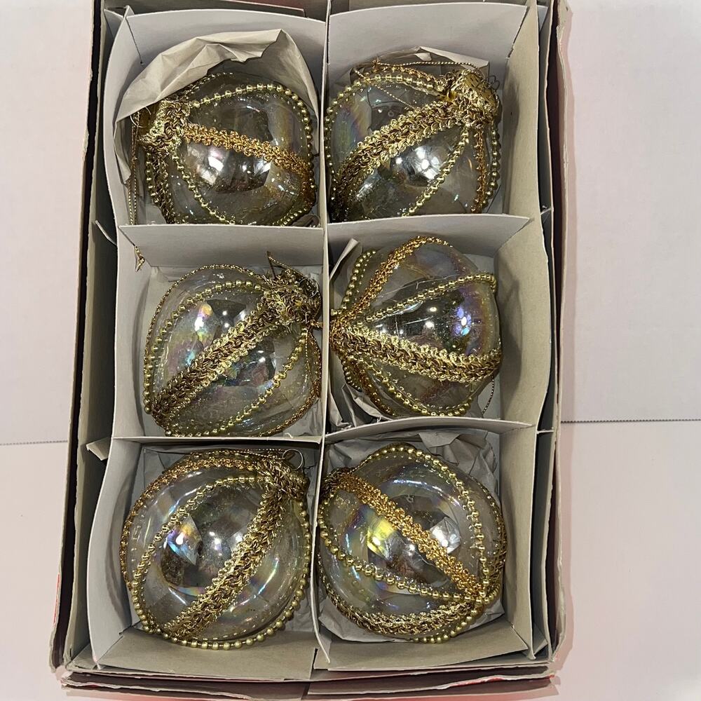 Set Of 6 VINTAGE Iridescent Glass Bauble Ornaments Fancy Gold Accents GERMANY